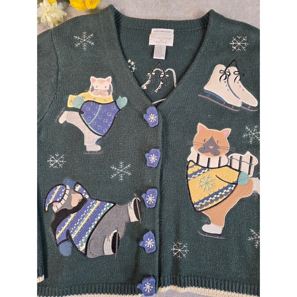 Vtg Christopher & Banks Green Ice Skating Cats Cardigan Sweater Embroidered M - Picture 4 of 13